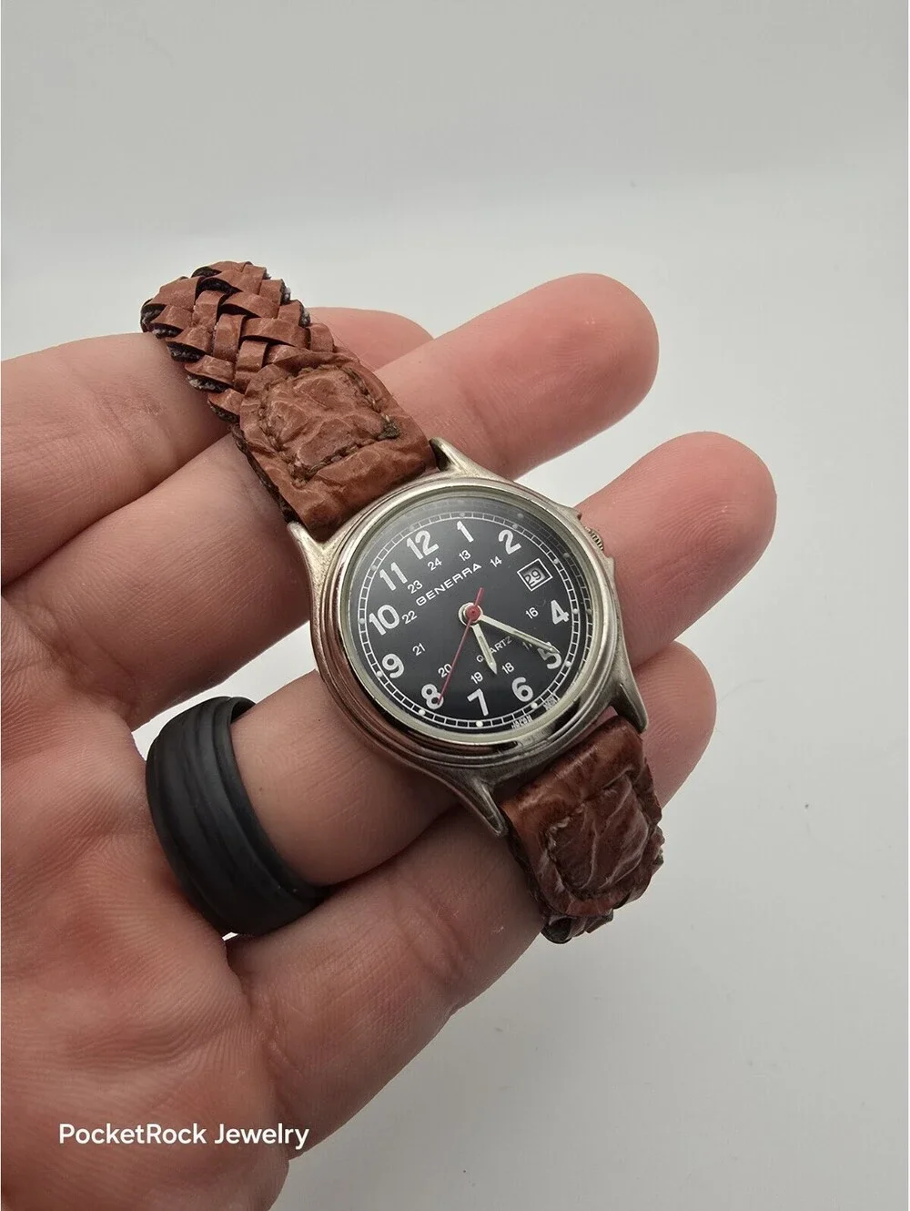 Generra Military Field Style Black Dial Date Braided Brown Leather Quartz Watch